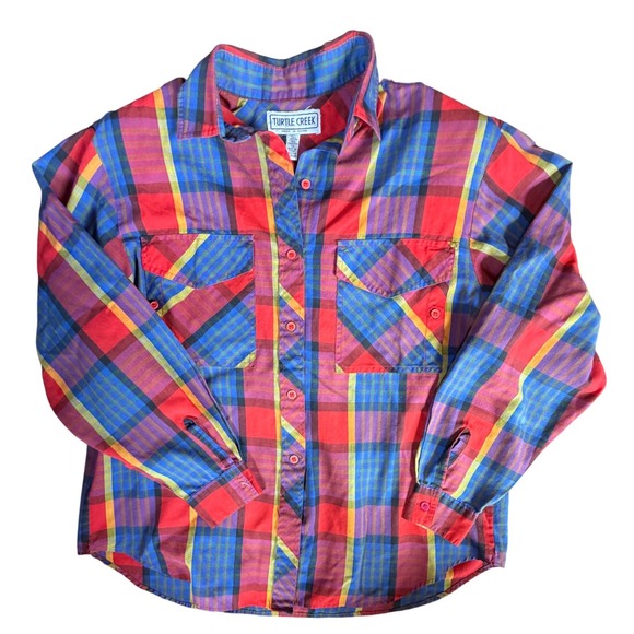 Turtle Creek Tops - Vintage Turtle Creek Plaid Button Shirt Red Blue Yellow Size 12 Shoulder Pad
